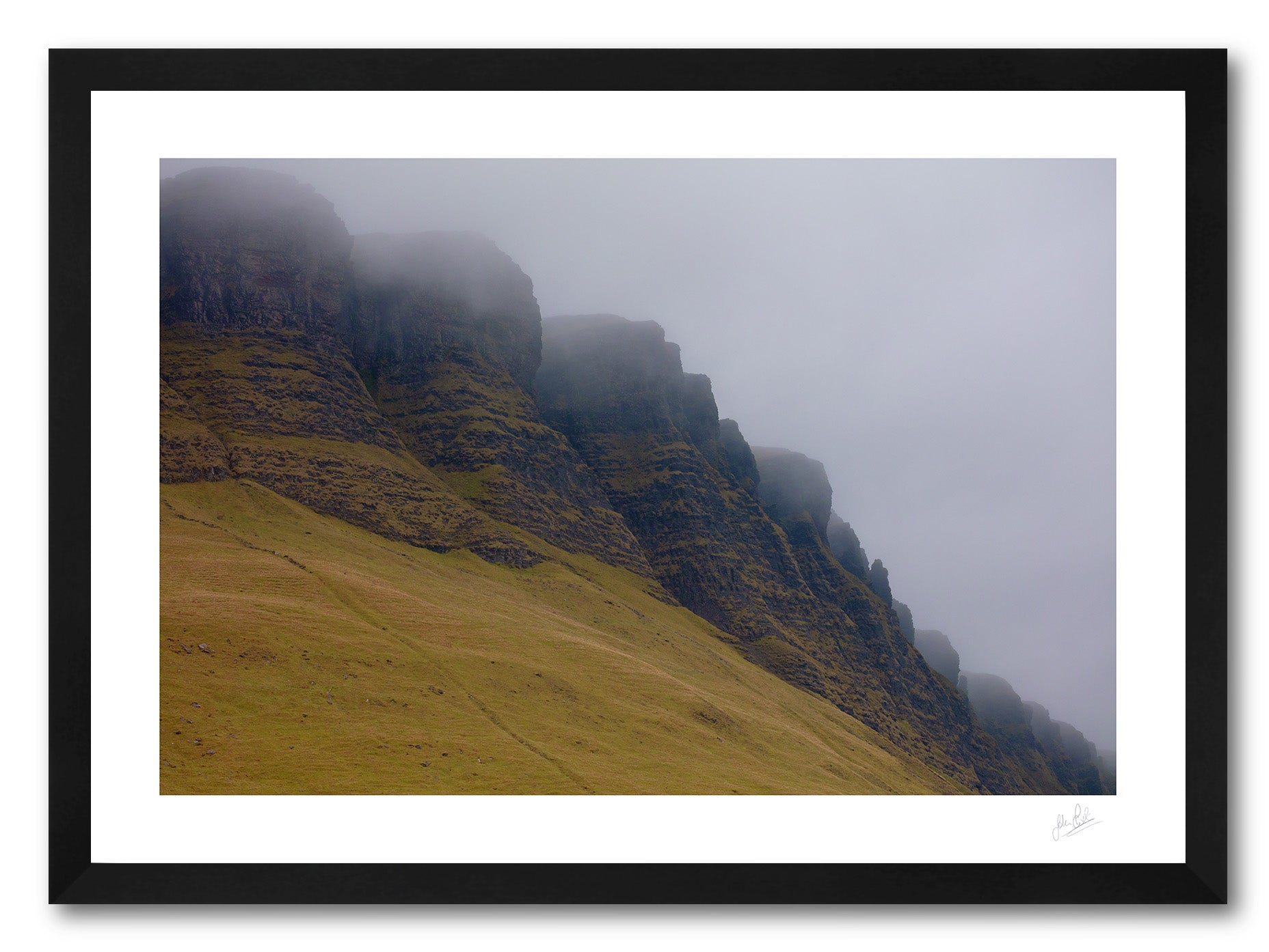 a framed fine art photograph of a close up view of Sligo's famous Benbulben Mountain, highlighting it's curves and gullies on an overcast day