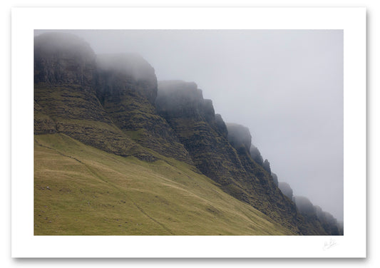 an unframed fine art photograph of a close up view of Sligo's famous Benbulben Mountain, highlighting it's curves and gullies on an overcast day