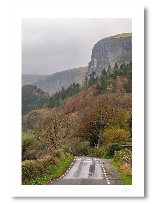 an unframed fine art photograph of Glencar Valley in autumn with stunning forests and steep mountain cliffs