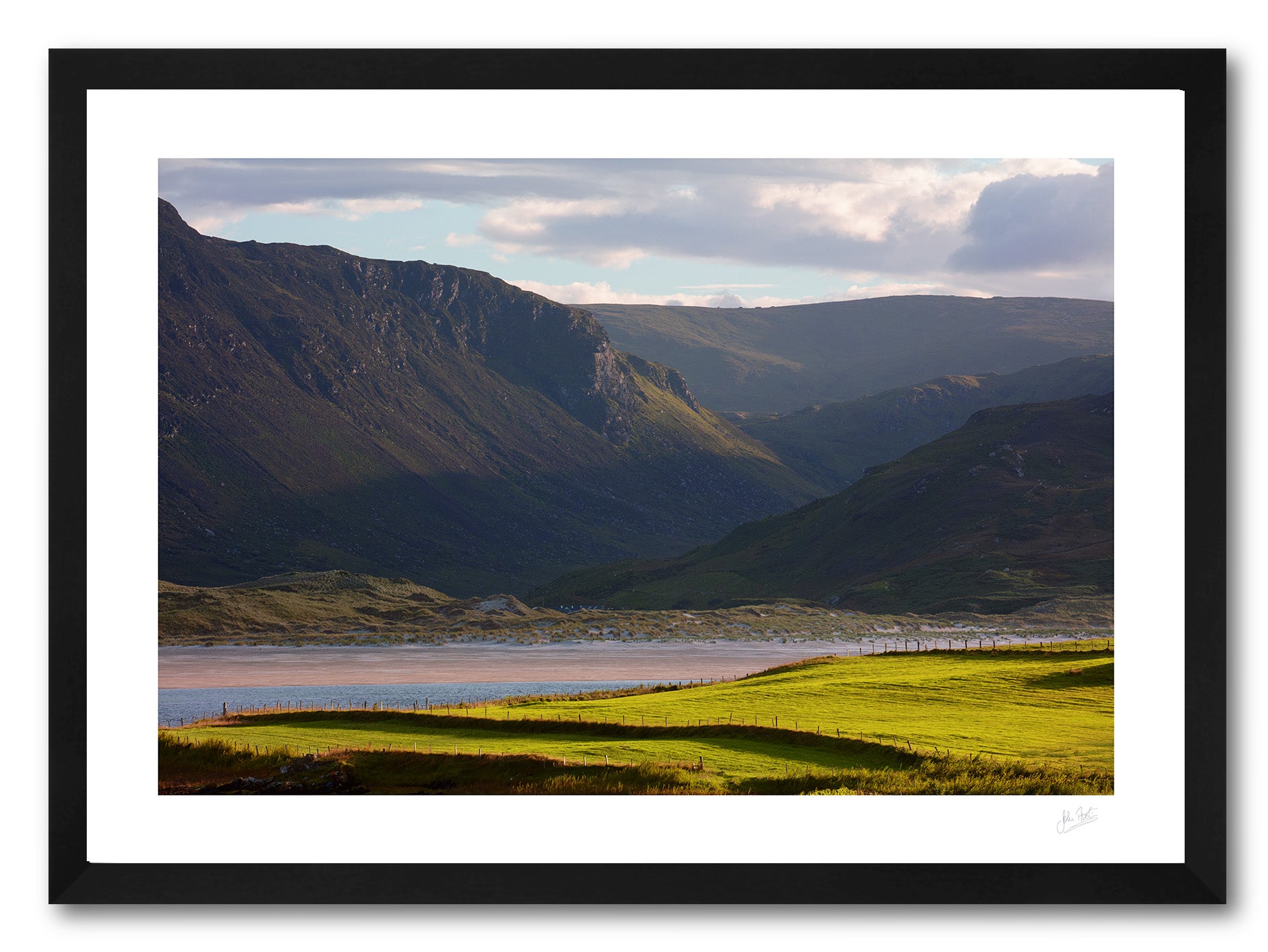 a fine art framed photograph view of Maghera Strand in Co. Donegal from across Loughros Beg Bay with Owenwee valley and waterfall in the background