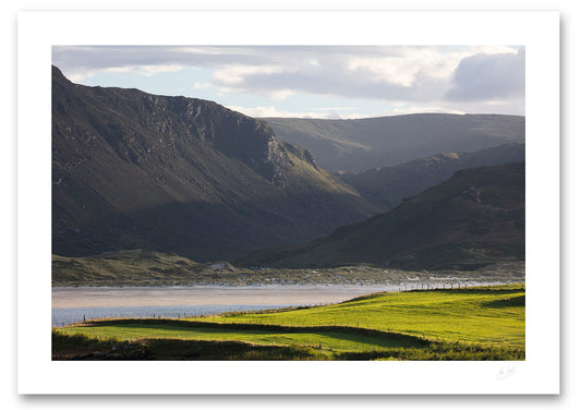 a fine art photograph view of Maghera Strand in Co. Donegal from across Loughros Beg Bay with Owenwee valley and waterfall in the background