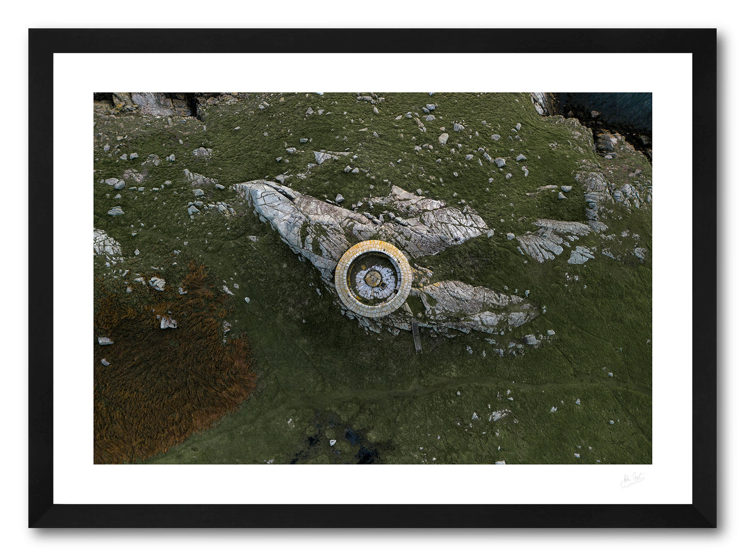 a framed fine art photographic print of an aerial view of the Martello Tower on Dalkey Island