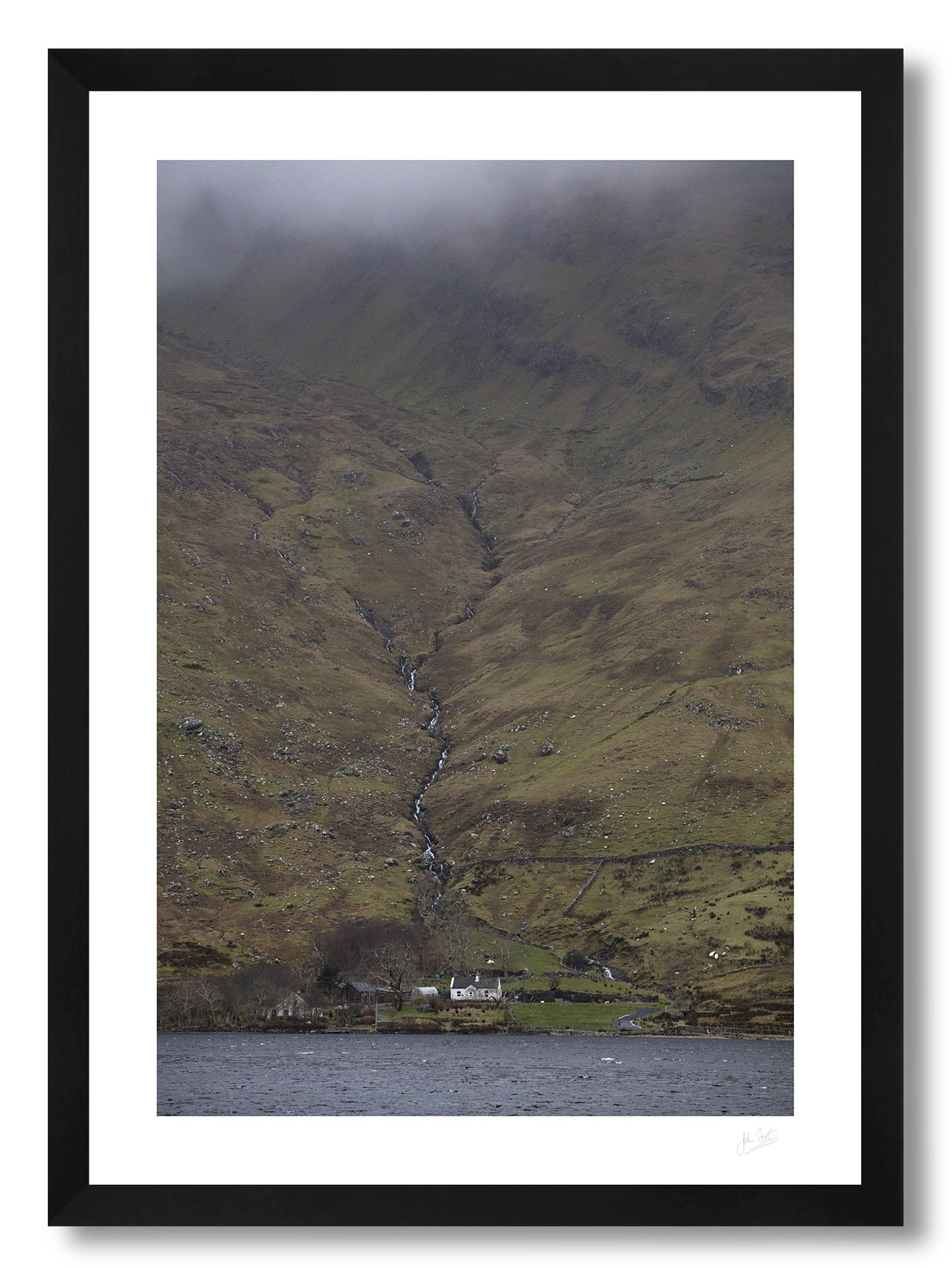 a framed fin art photographic print of a farm house at the foot of Benchoona mountain in Connemara, available to buy online
