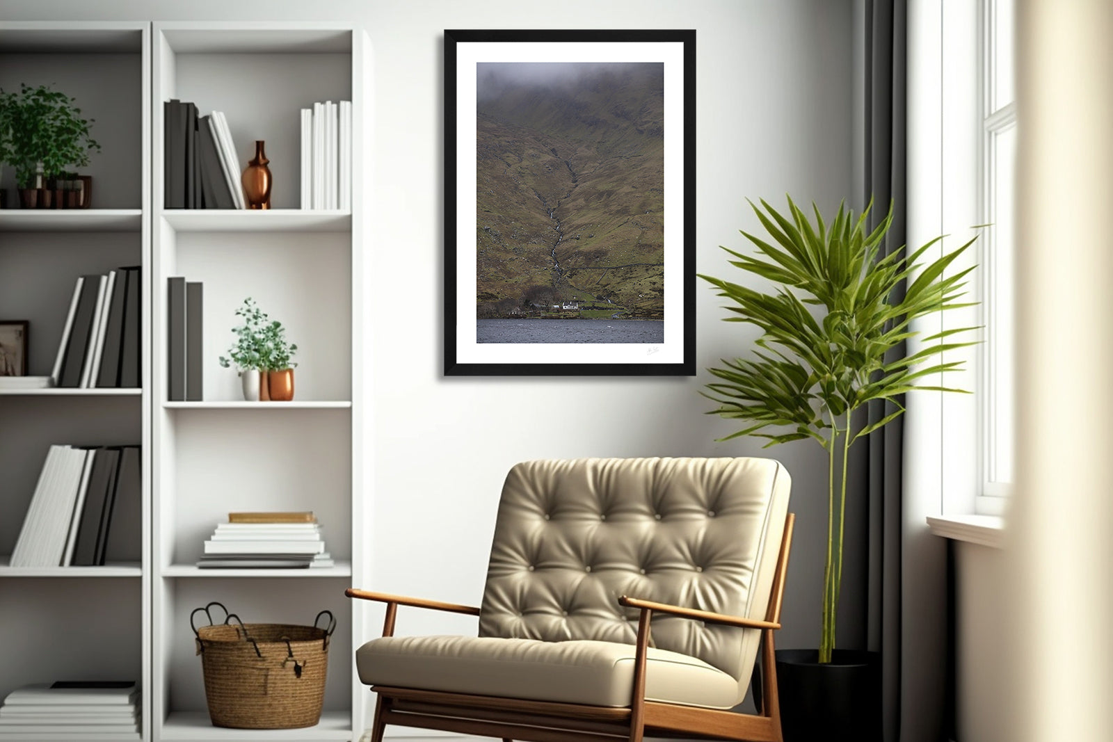 a framed fin art photographic print of a farm house at the foot of Benchoona mountain in Connemara, hanging on a living room wall