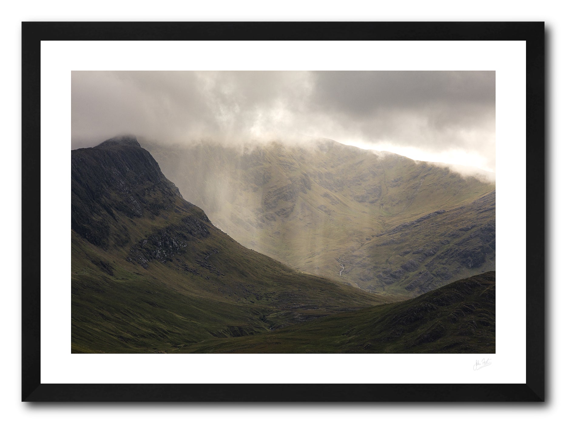 a framed fine art photograph of a rain shower on the peak of Ben Gorm mountain in Mayo, available to buy online