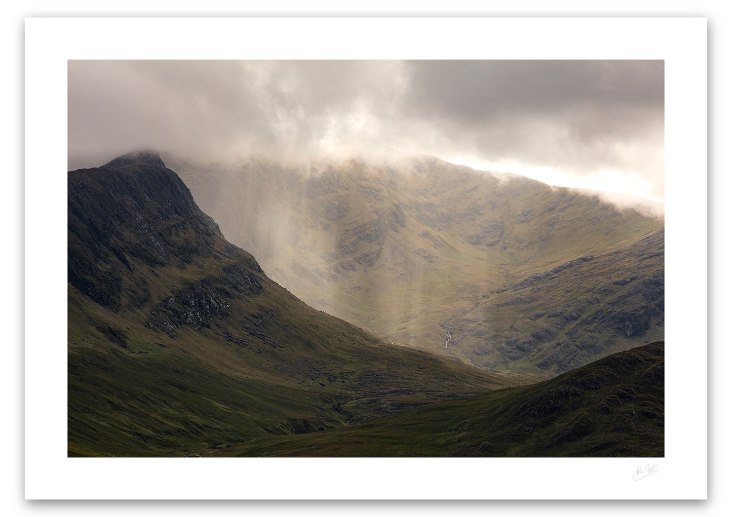 an unframed fine art photograph of a rain shower on the peak of Ben Gorm mountain in Mayo, available to buy online