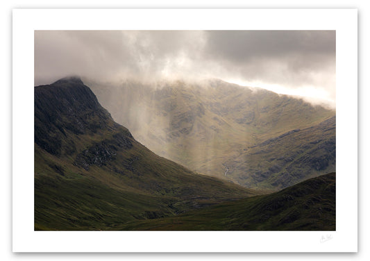 an unframed fine art photograph of a rain shower on the peak of Ben Gorm mountain in Mayo, available to buy online