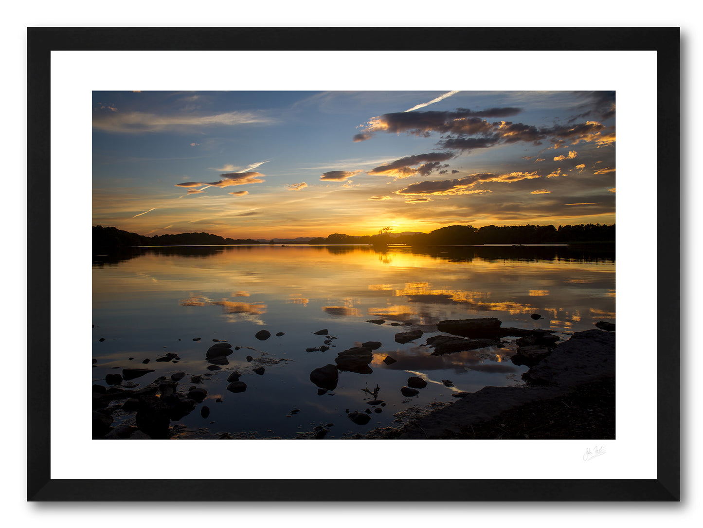 a framed fine art photogrphic print of the beautiful colours of a sunset on Lough Leane, Killarney National Park, available to buy online