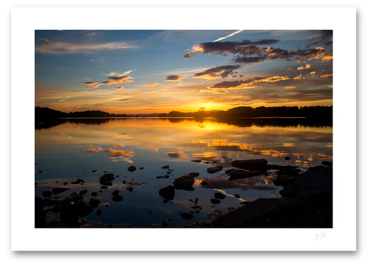 an unframed fine art photogrphic print of the beautiful colours of a sunset on Lough Leane, Killarney National Park, available to buy online