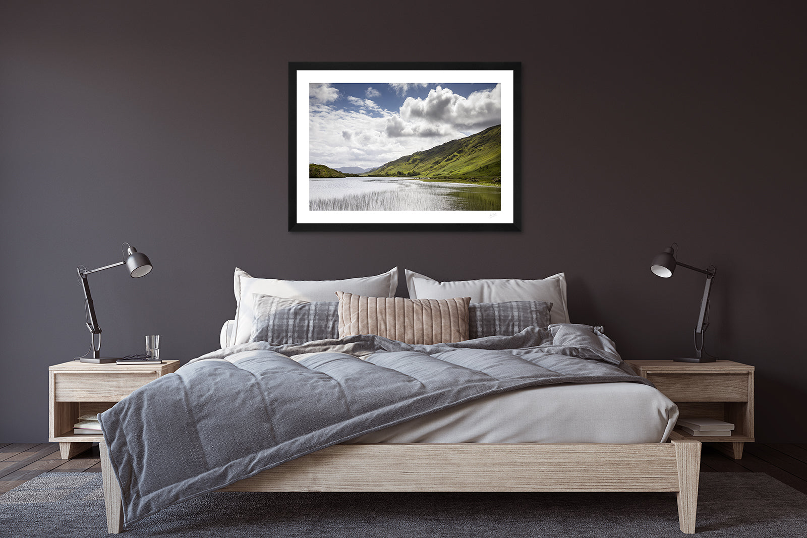 a framed fine art photographic print of Pollacappul Lough in Connemara and a lovely summer's day, hanging on a bed room wall