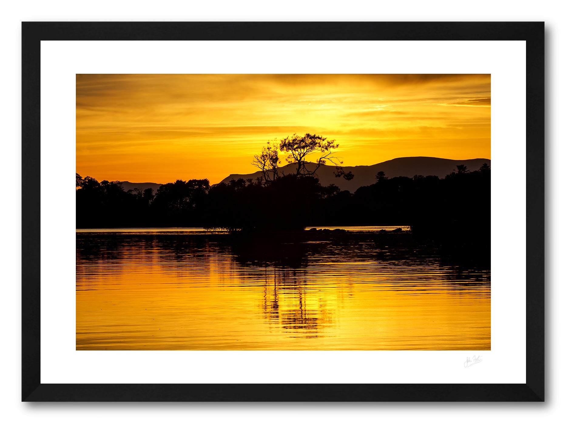 a framed fine art photgraphic print of a the spectacular sunset colours at Lough Leane in Killarney National Park during a heatwave, available to buy online0