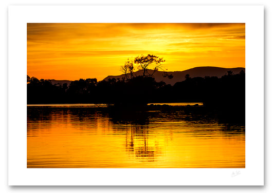 an unframed fine art photgraphic print of a the spectacular sunset colours at Lough Leane in Killarney National Park during a heatwave, available to buy online