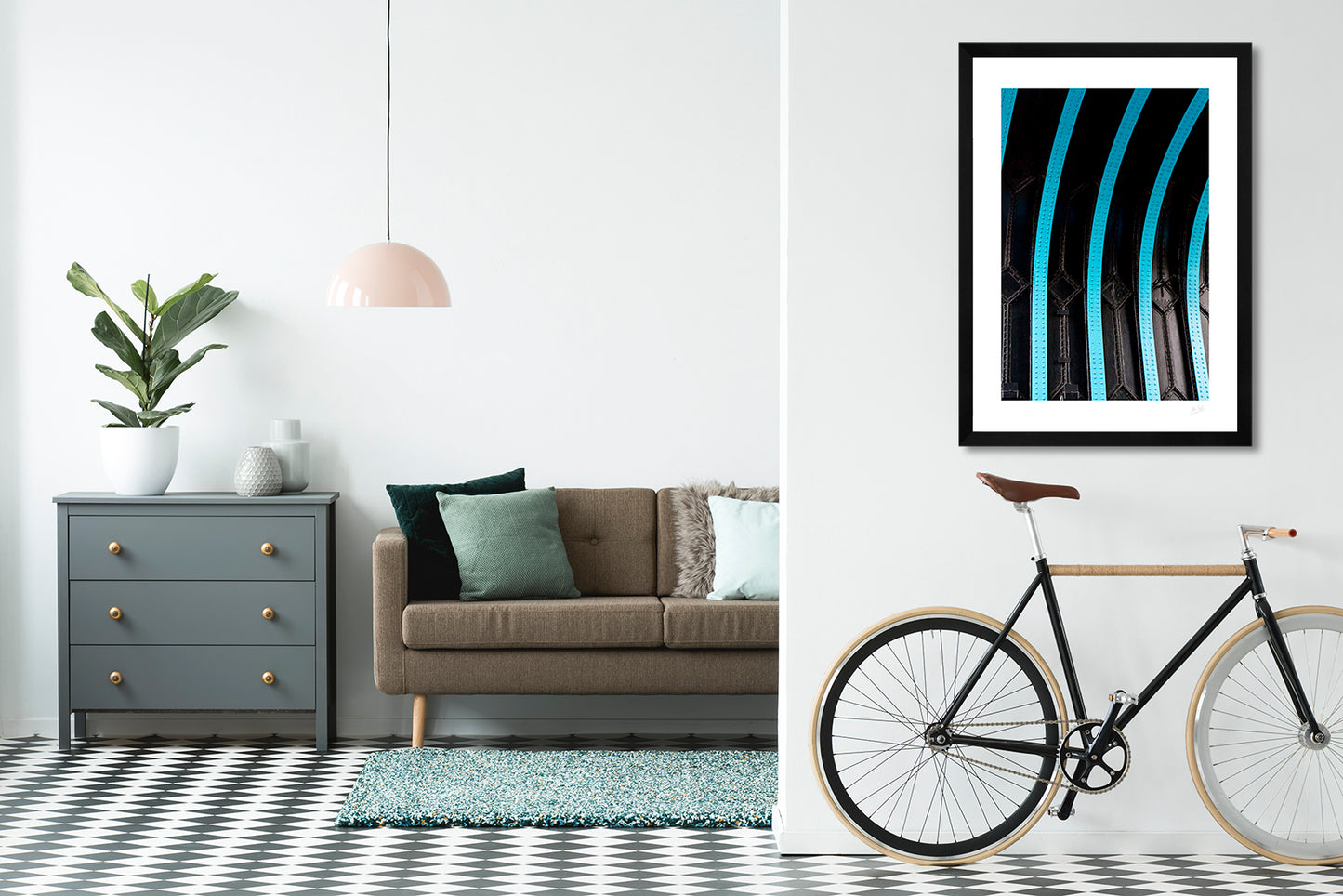 a framed fine art photographic print of a close look at the iron that makes up the Tower Bridge, London, hanging on a living room wall