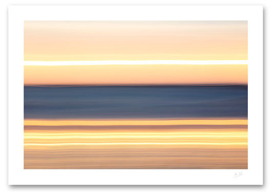 fine art photograph of an abstract sunset scene with the sun, sky, sea, and sand as parallel lines of light and colour
