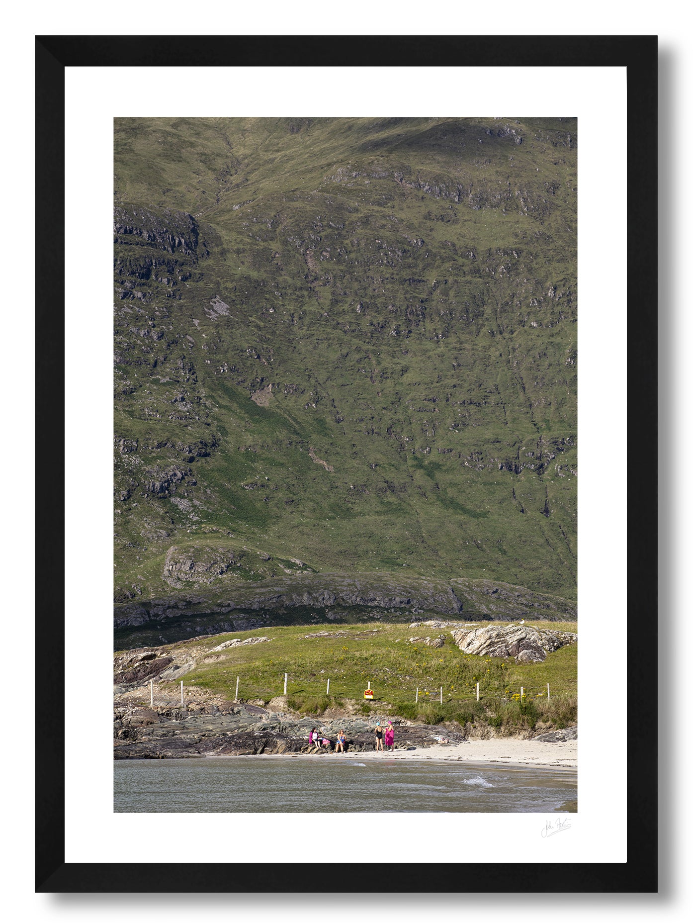 a framed fine art photogrphic print of friends catching up on a lovely summer afternoon on Glassilaun Beach, Connemara, Ireland with the large Mweelrea mountain as the background.