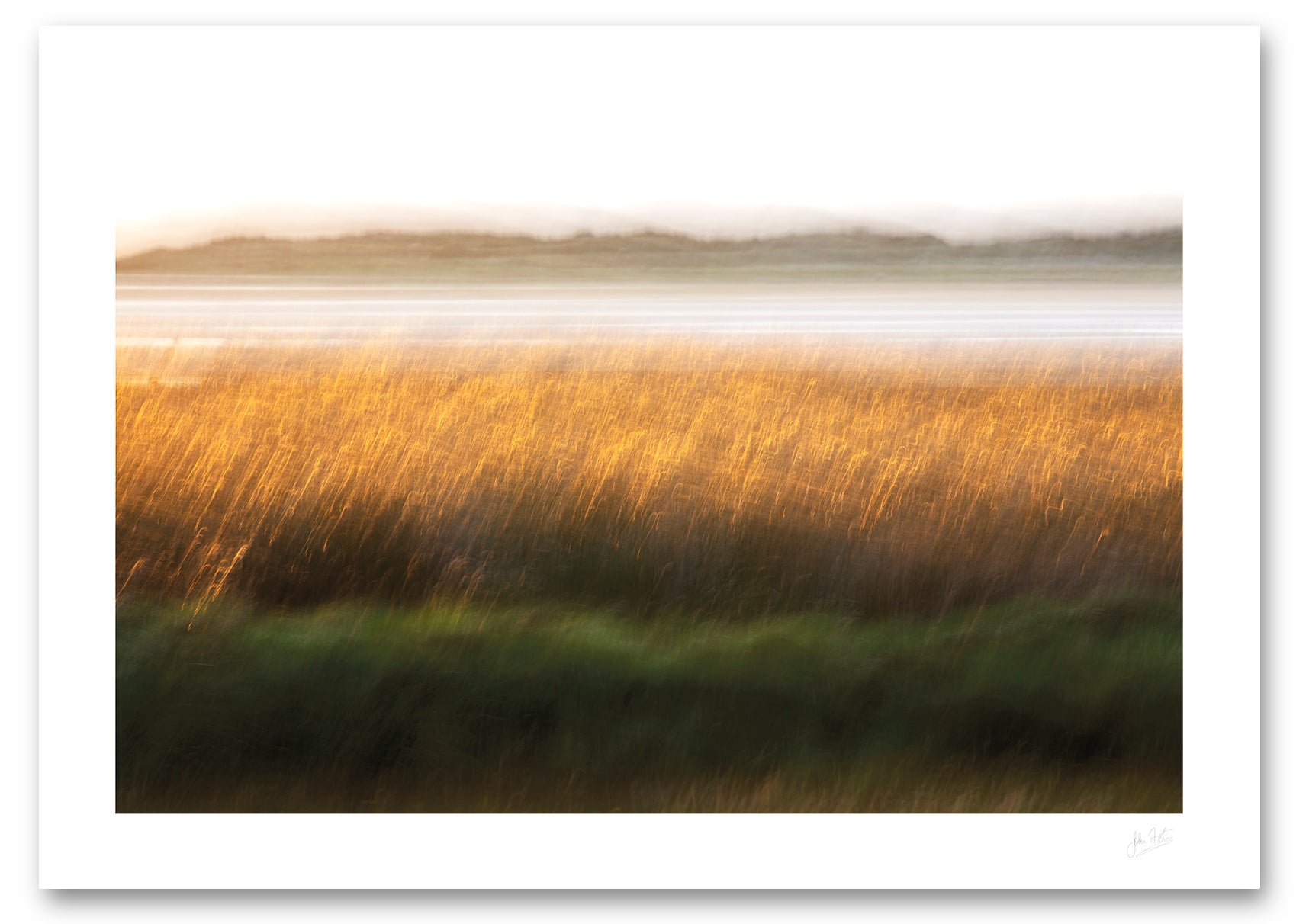 a fine art photogrphic print of a field of tall grass becomes a field of gold in the setting sun using motion blur along the shore of Loughros Beg Bay in Donegal.