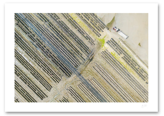 an aerial view of an oyster farm on Loughros Beg Bay in Donegal where man's orderly diagonal rows meet nature's unscripted textures.