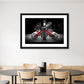 a framed fine art photographic print of rental bikes on a bike rack outside Antwerp Central Train Station, on a dining room wall