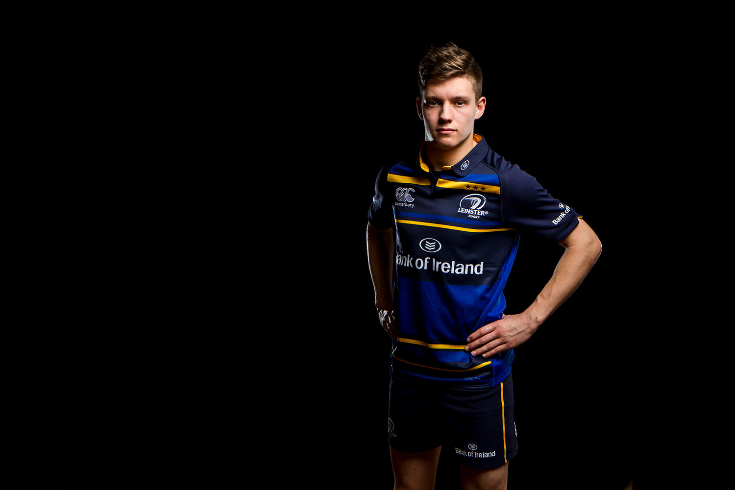 a man modeling the Leinter Rugby kit for a Bank of Ireland promotional photoshoot