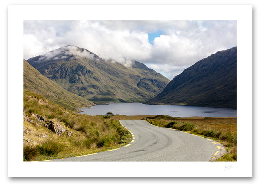 print of Doolough Valley and the surrounding mountains in Mayo, where the sense of scale provides a feeling of smallness but also connection