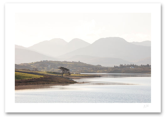 unframed fine art print of Ballynakill Lough in Connemara with the 12 Bens mountain range in the background early in the morning