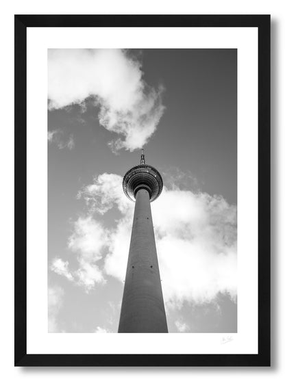 a framed fine art photographic print of Berlin's famous TV tower from below, available to buy online
