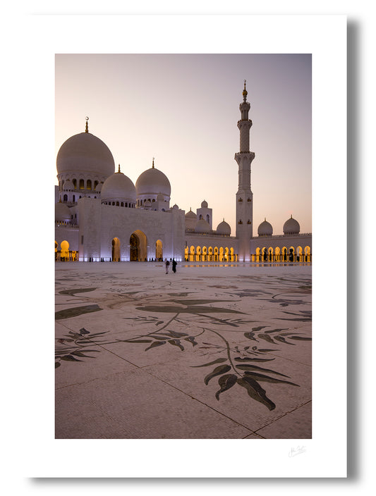 unframed fine art print of the courtyard of the Grand Mosque in Abu Dhabi at dusk