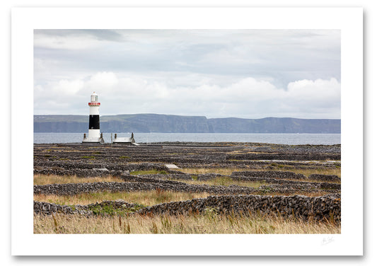 unframed fine art print of Insheer Lighthouse with dry stone walls and the Cliffs of Moher in the background