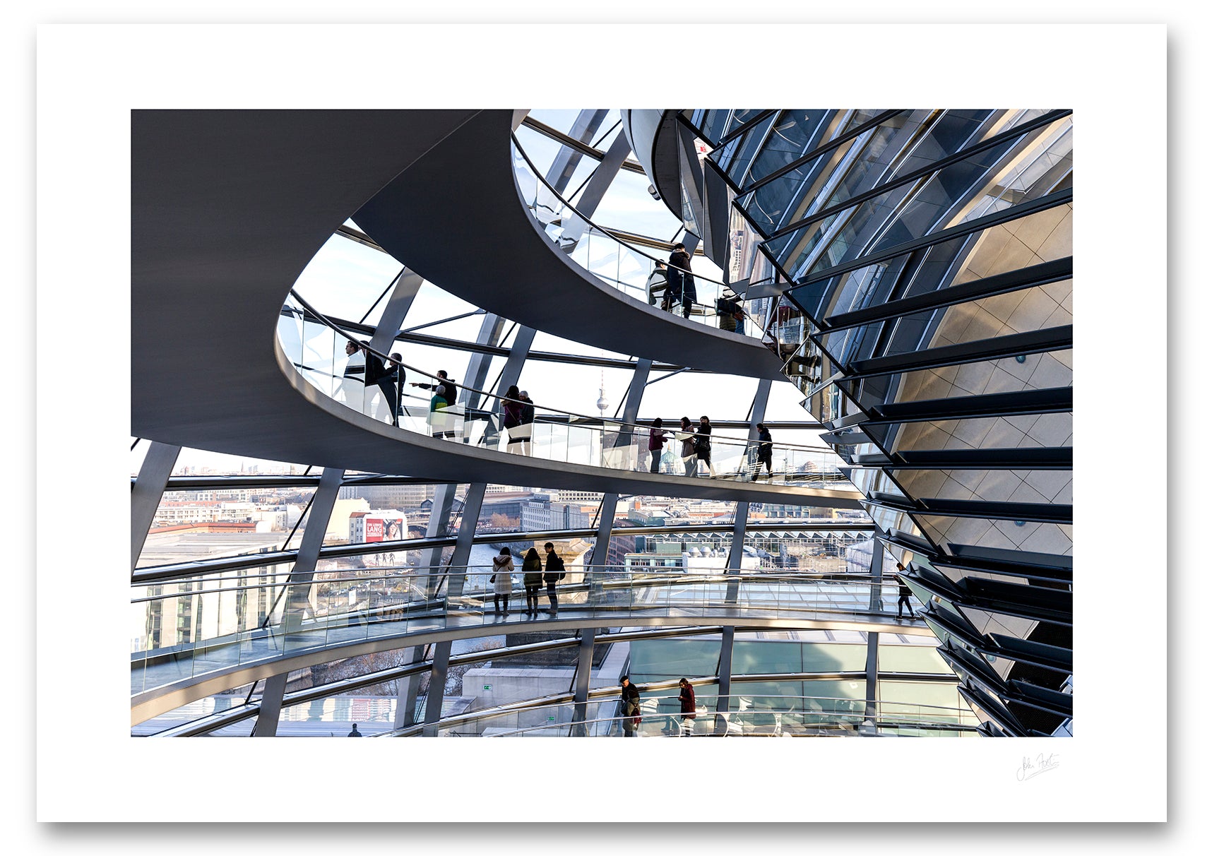 an unframed fine art photographic print of the inside of the Reichstag Dome in Berlin, Germany with visitors looking out at the city skyline, available to buy online