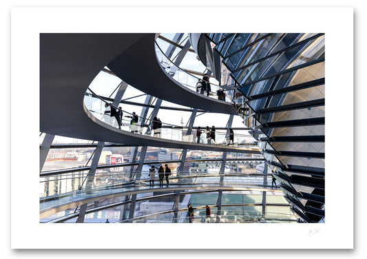 unframed fine art print of the inside of the Reichstag Dome in Berlin with visitors looking at the city skyline