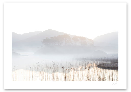 unframed high key fine art print of Pines Island in Connemara surrounded by early morning mist