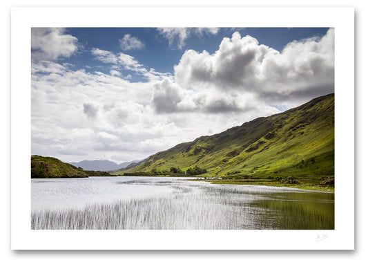 unframed fine art print of Pollacappul Lough in Connemara with reeds and mountains