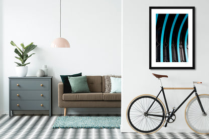 a framed fine art photographic print of a close look at the iron that makes up the Tower Bridge, London, hanging on a living room wall