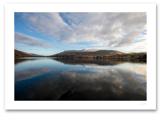 unframed fine art print of Killary Fjord in the early morning with calm water and Leenane village in the distance